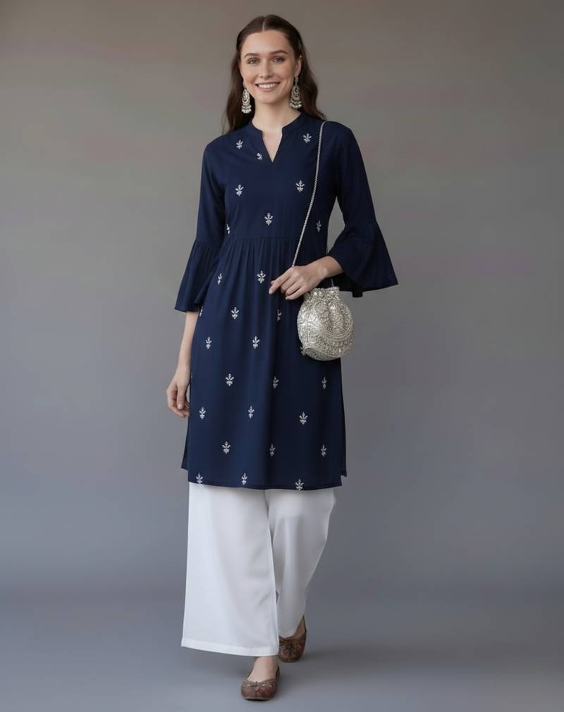 Navy embroidered rayon kurta set