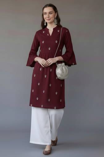 Maroon embroidered rayon kurta set