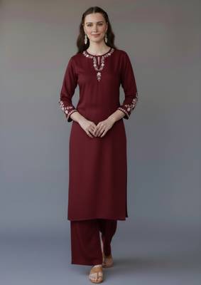Maroon embroidered rayon kurta set 1