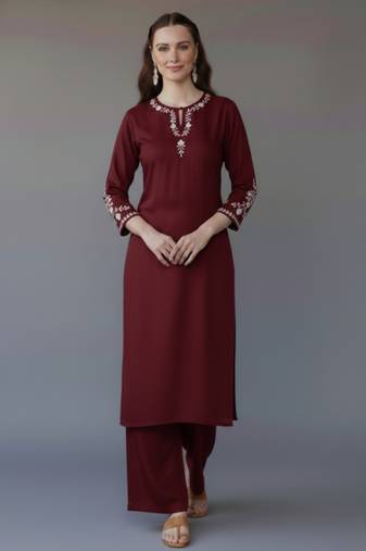 Maroon embroidered rayon kurta set