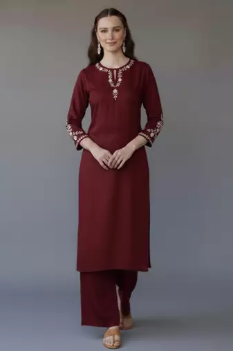 Maroon embroidered rayon kurta set