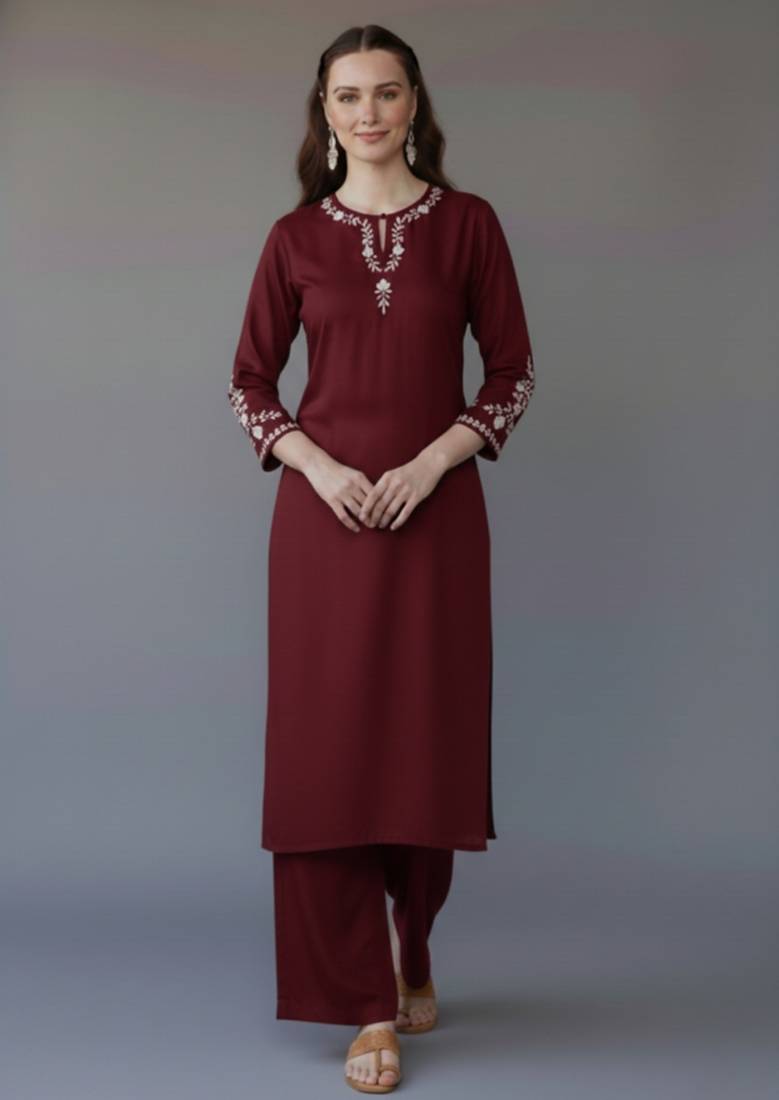 Maroon embroidered rayon kurta set