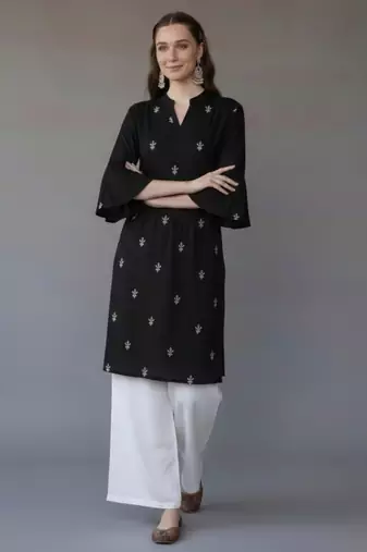 Black embroidered rayon kurta set