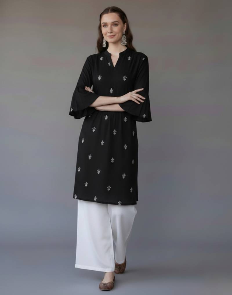 Black embroidered rayon kurta set