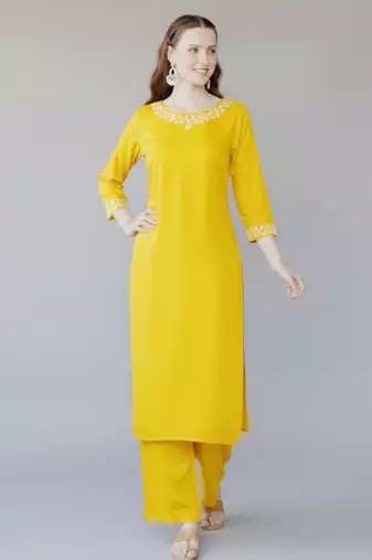 Yellow embroidered rayon kurta set