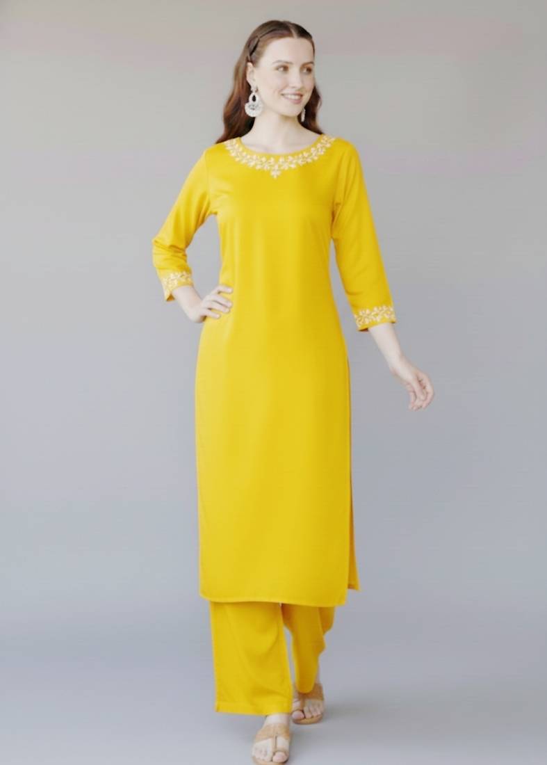 Yellow embroidered rayon kurta set