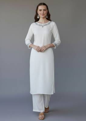 White embroidered rayon kurta set 1