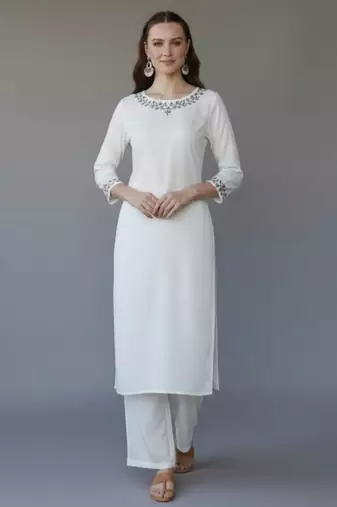 White embroidered rayon kurta set