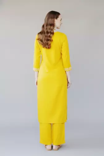 Yellow embroidered rayon kurta set