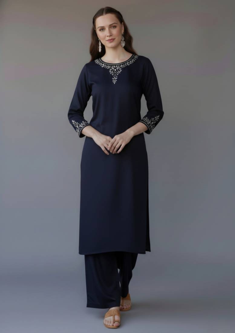 Navy embroidered rayon kurta set