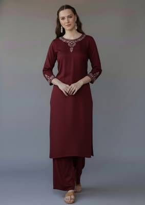 Maroon embroidered rayon kurta set 1