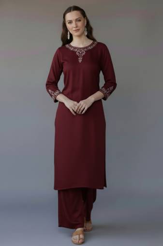 Maroon embroidered rayon kurta set