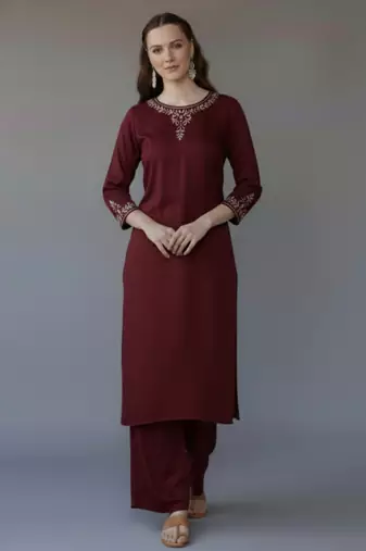 Maroon embroidered rayon kurta set