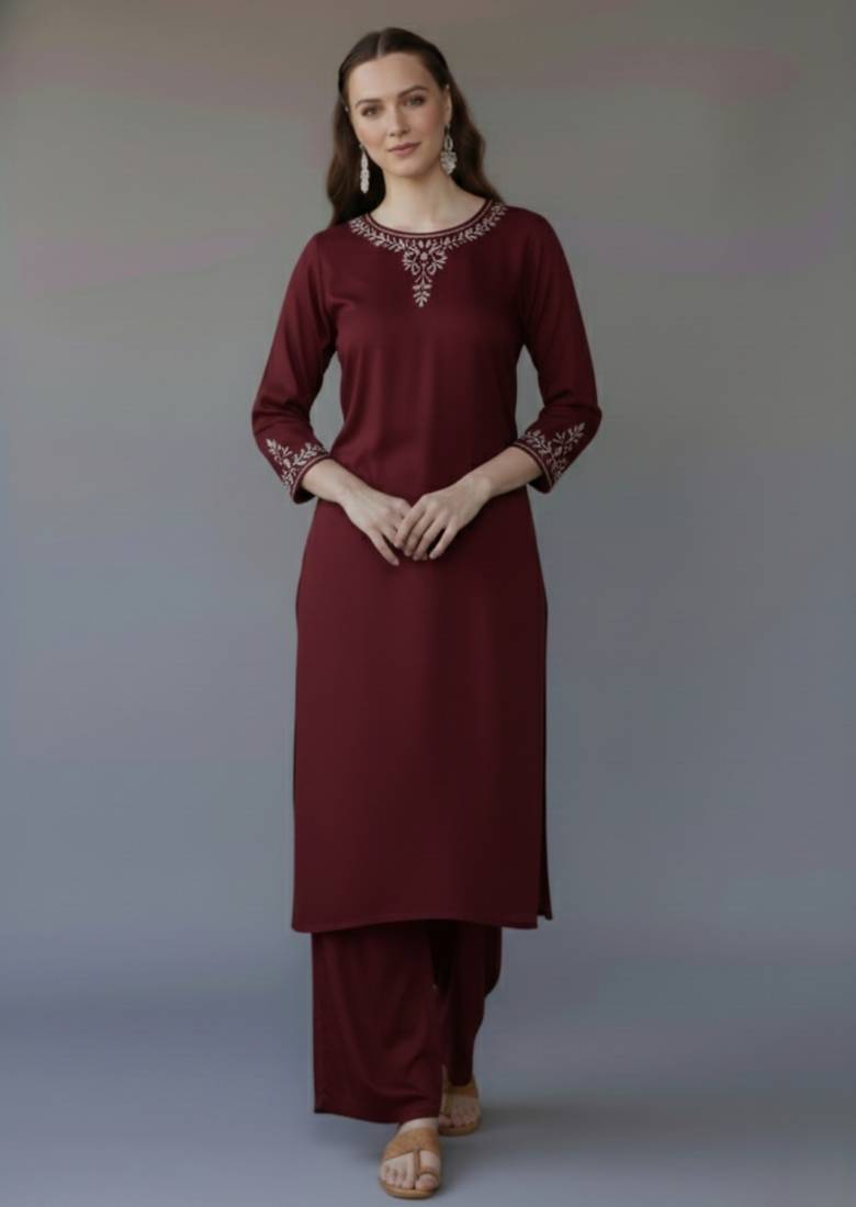 Maroon embroidered rayon kurta set