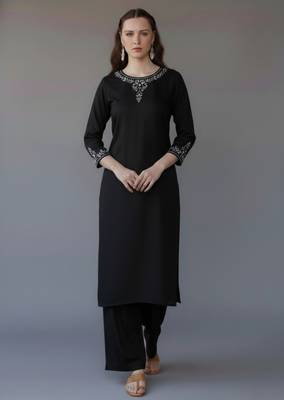 Black embroidered rayon kurta set 1
