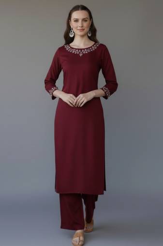 Maroon embroidered rayon kurta set