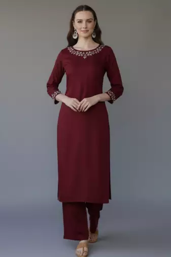 Maroon embroidered rayon kurta set