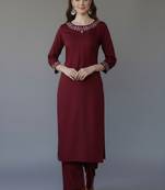 Maroon embroidered rayon kurta set