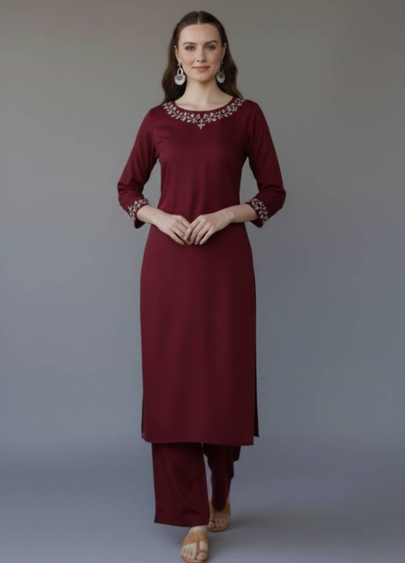 Maroon embroidered rayon kurta set