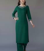 Green embroidered rayon kurta set