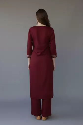 Maroon embroidered rayon kurta set