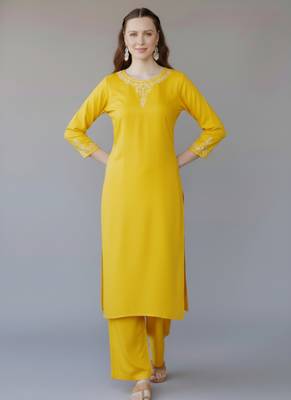 Yellow embroidered rayon kurta set 1
