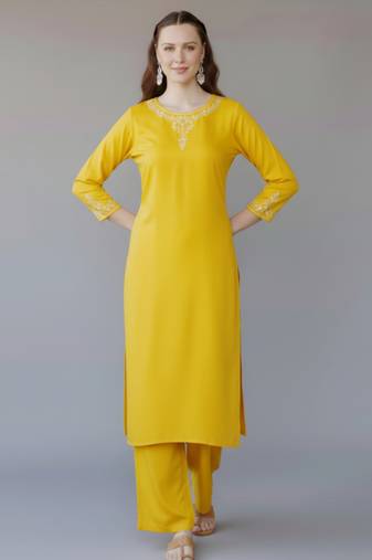 Yellow embroidered rayon kurta set