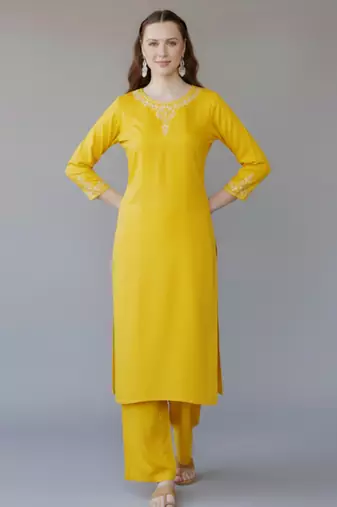 Yellow embroidered rayon kurta set