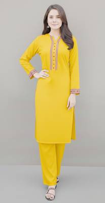 Yellow embroidered rayon kurta set 1