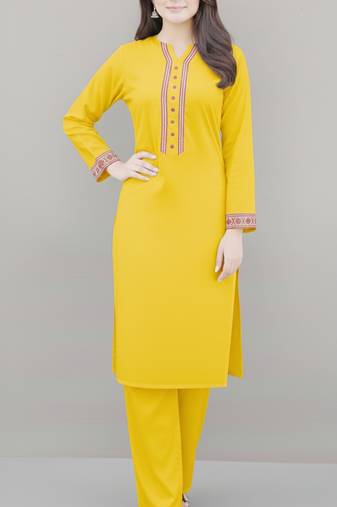 Yellow embroidered rayon kurta set