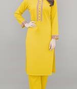 Yellow embroidered rayon kurta set