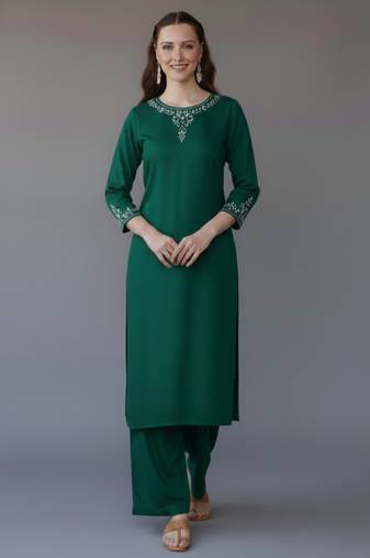 Green embroidered rayon kurta set