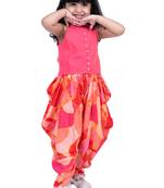 sleevless incut potali button top with dhoti - coral