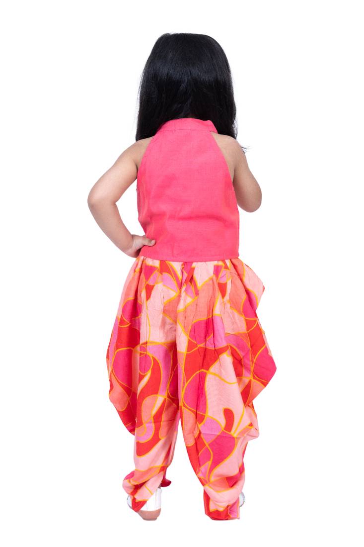 sleevless incut potali button top with dhoti - coral