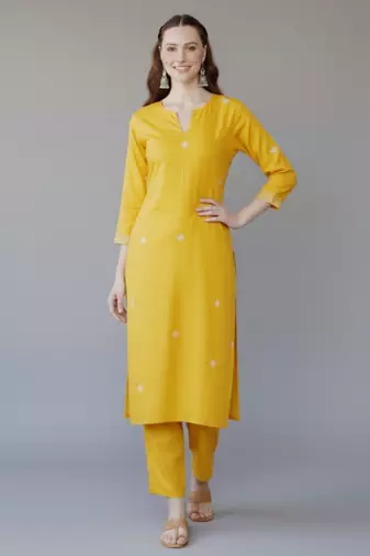 Yellow  embroidered rayon kurta set