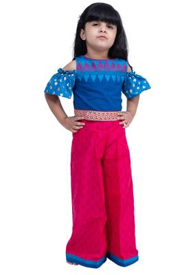 cotton cold shoulder half n half bordered top with palazzo - blue & pink 1