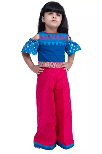 cotton cold shoulder half n half bordered top with palazzo - blue & pink