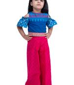 cotton cold shoulder half n half bordered top with palazzo - blue & pink