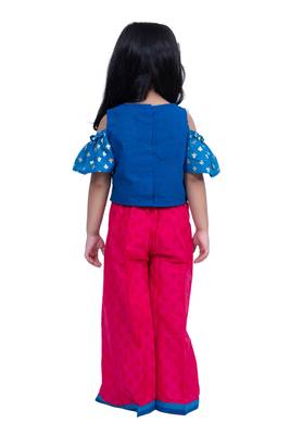 cotton cold shoulder half n half bordered top with palazzo - blue & pink 2