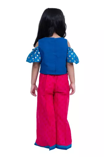 cotton cold shoulder half n half bordered top with palazzo - blue & pink