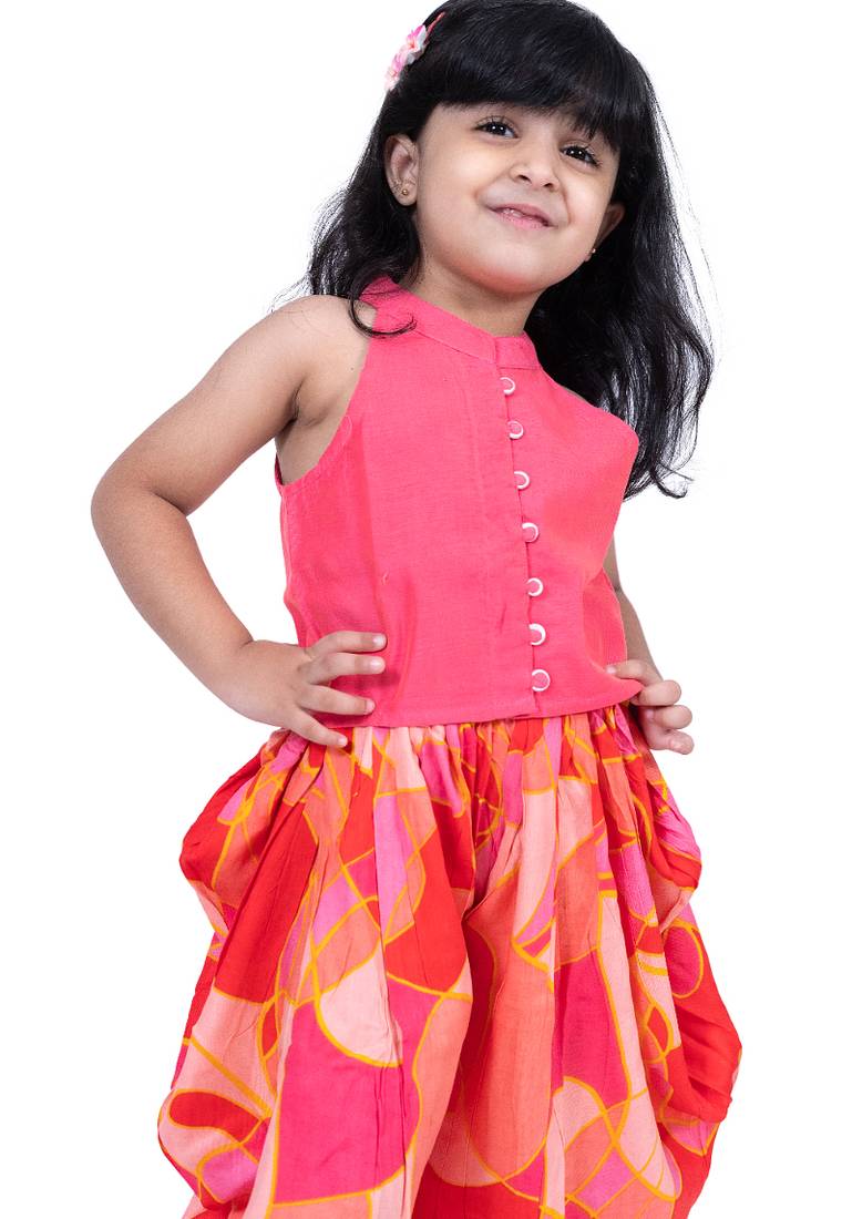 sleevless incut potali button top with dhoti - coral