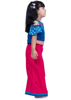 cotton cold shoulder half n half bordered top with palazzo - blue & pink 3