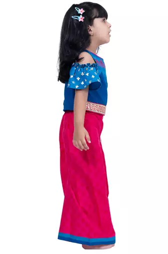 cotton cold shoulder half n half bordered top with palazzo - blue & pink