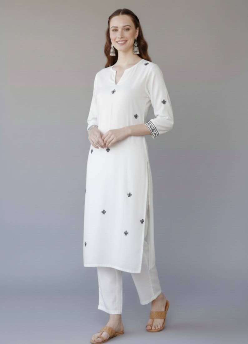 White  embroidered rayon kurta set