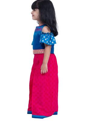 cotton cold shoulder half n half bordered top with palazzo - blue & pink 4