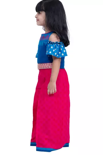cotton cold shoulder half n half bordered top with palazzo - blue & pink