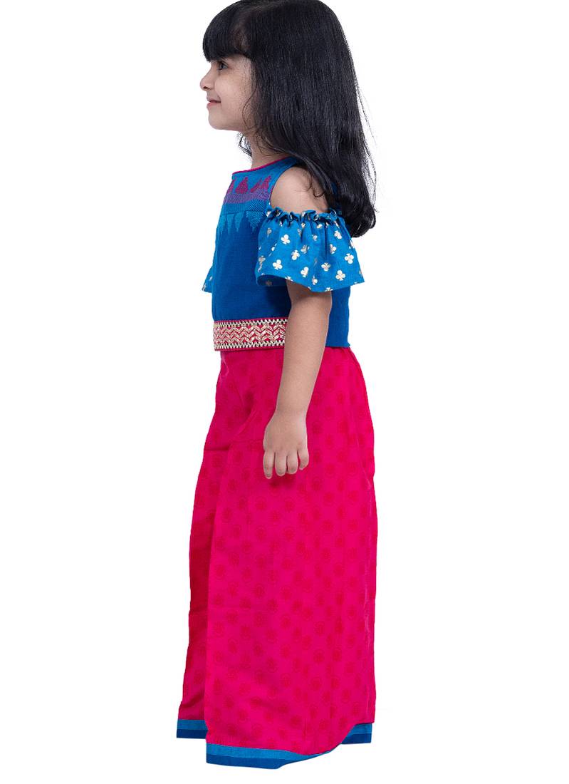 cotton cold shoulder half n half bordered top with palazzo - blue & pink