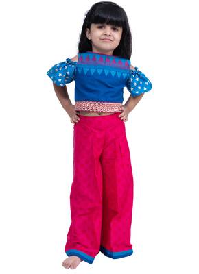 cotton cold shoulder half n half bordered top with palazzo - blue & pink 5