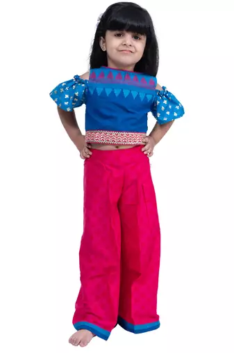 cotton cold shoulder half n half bordered top with palazzo - blue & pink