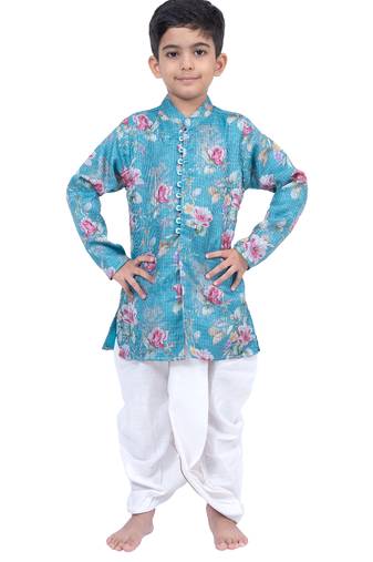 fullsleeves floral printed kurta with dhoti -seagreen & white